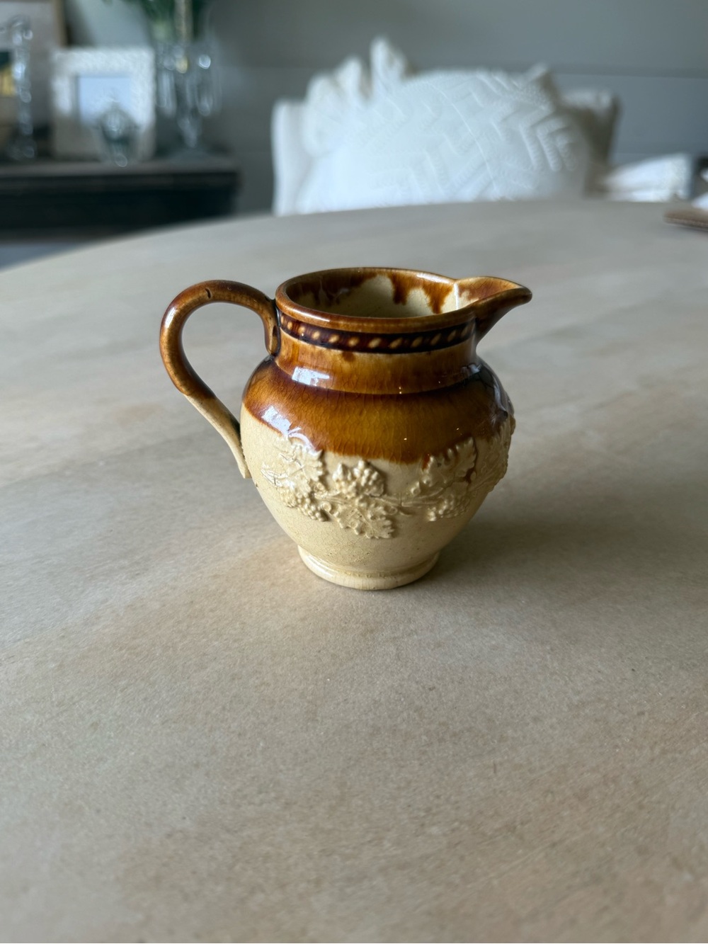 RARE ANTIQUE SMALL 1890s FLORAL PITCHER ROCKINGHAM YELLOW WARE